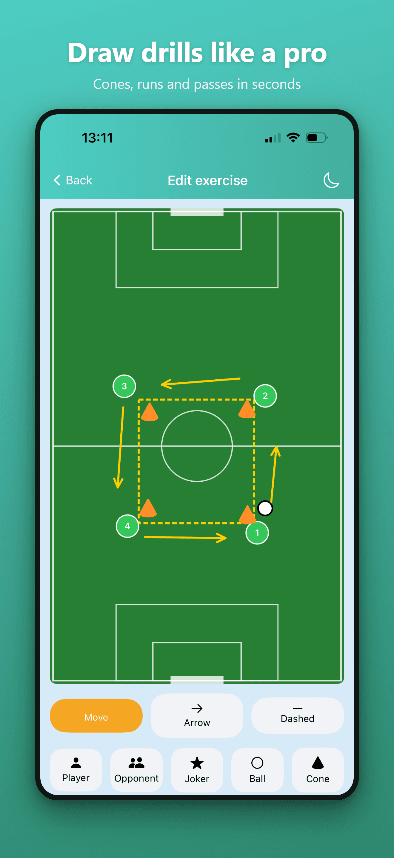 Exercise editor with cones, players and passing-run arrows