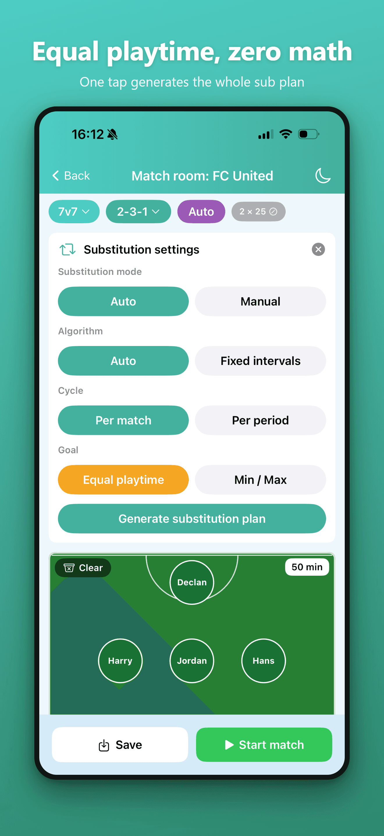 Substitution settings screen with equal-playtime plan generator