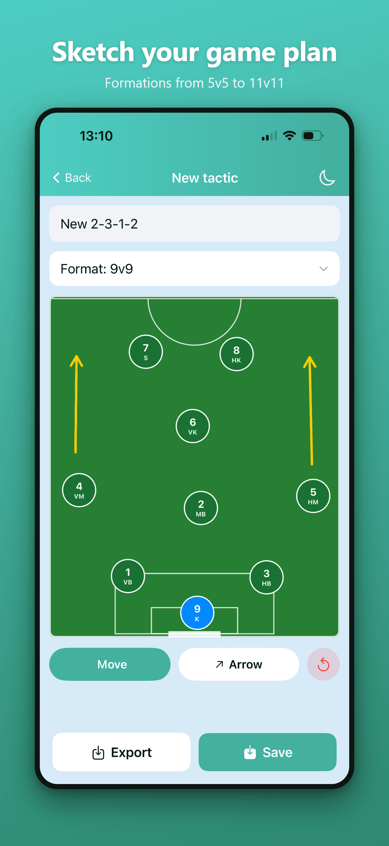 Tactic builder showing a 2-3-1-2 formation on a pitch