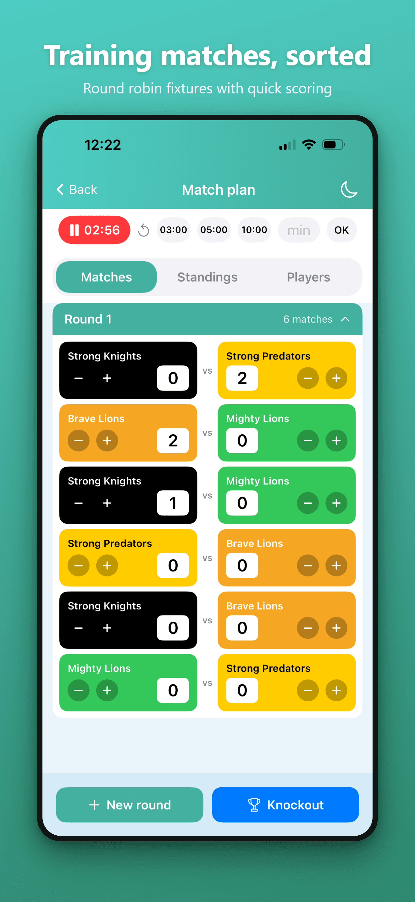 Match plan screen listing round-robin fixtures with score steppers