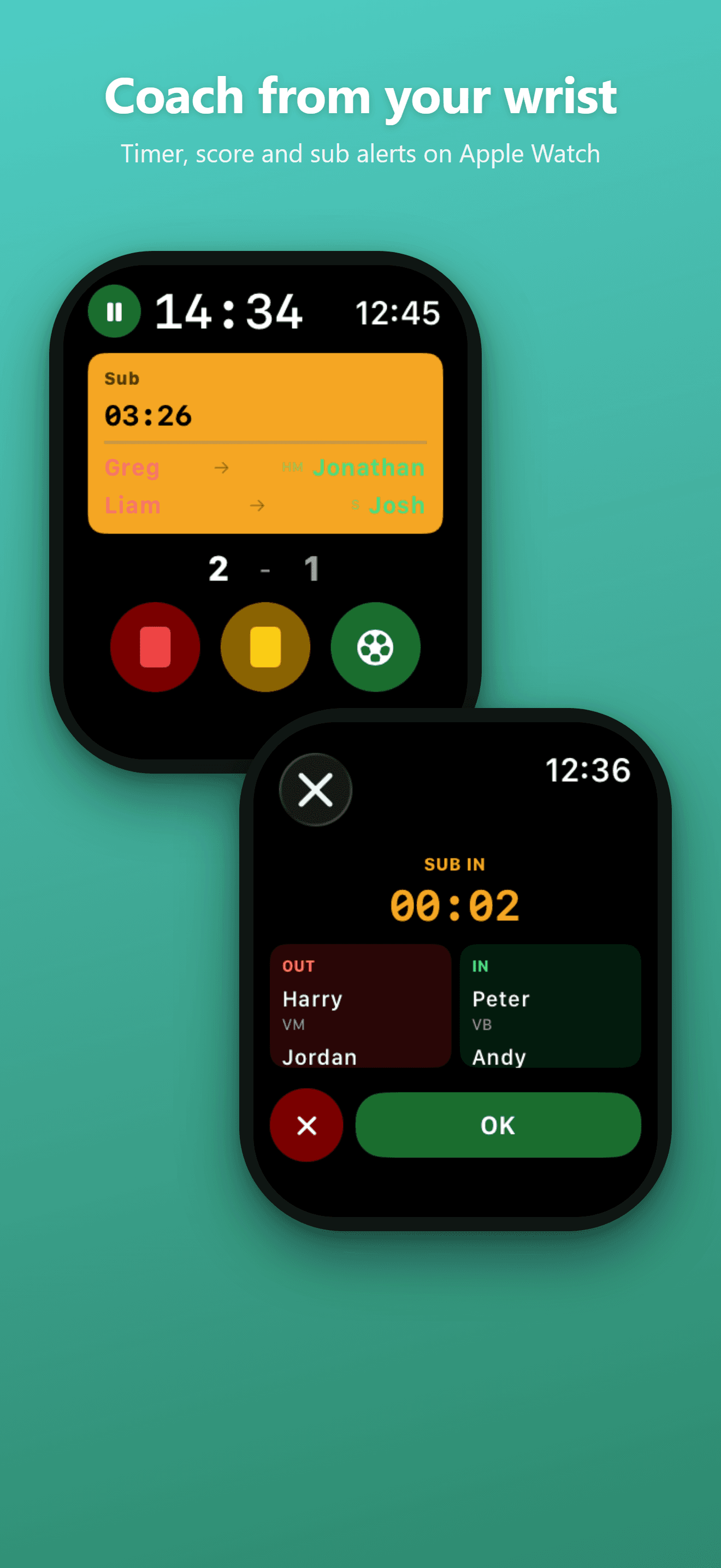 Apple Watch showing match timer, score, cards and a substitution alert