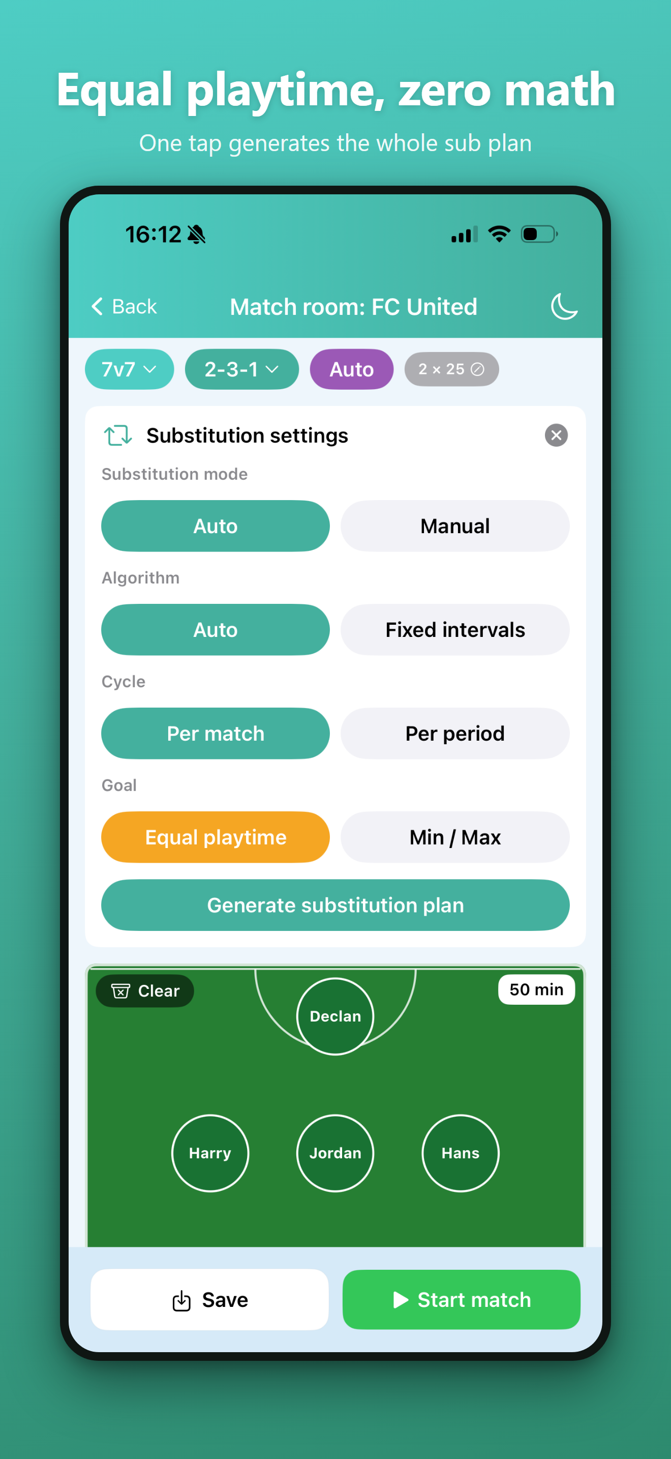 Substitution settings screen with equal-playtime plan generator