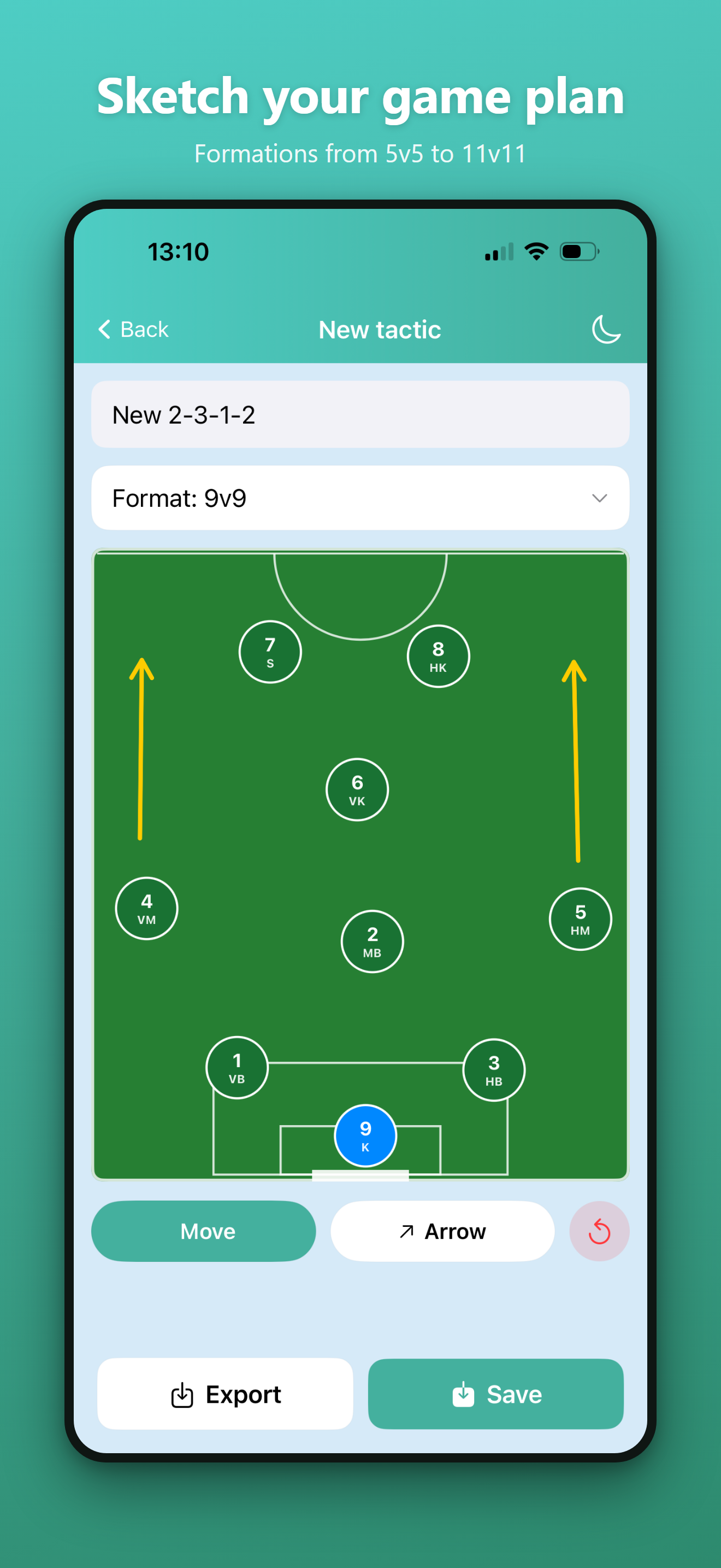 Tactic builder showing a 2-3-1-2 formation on a pitch