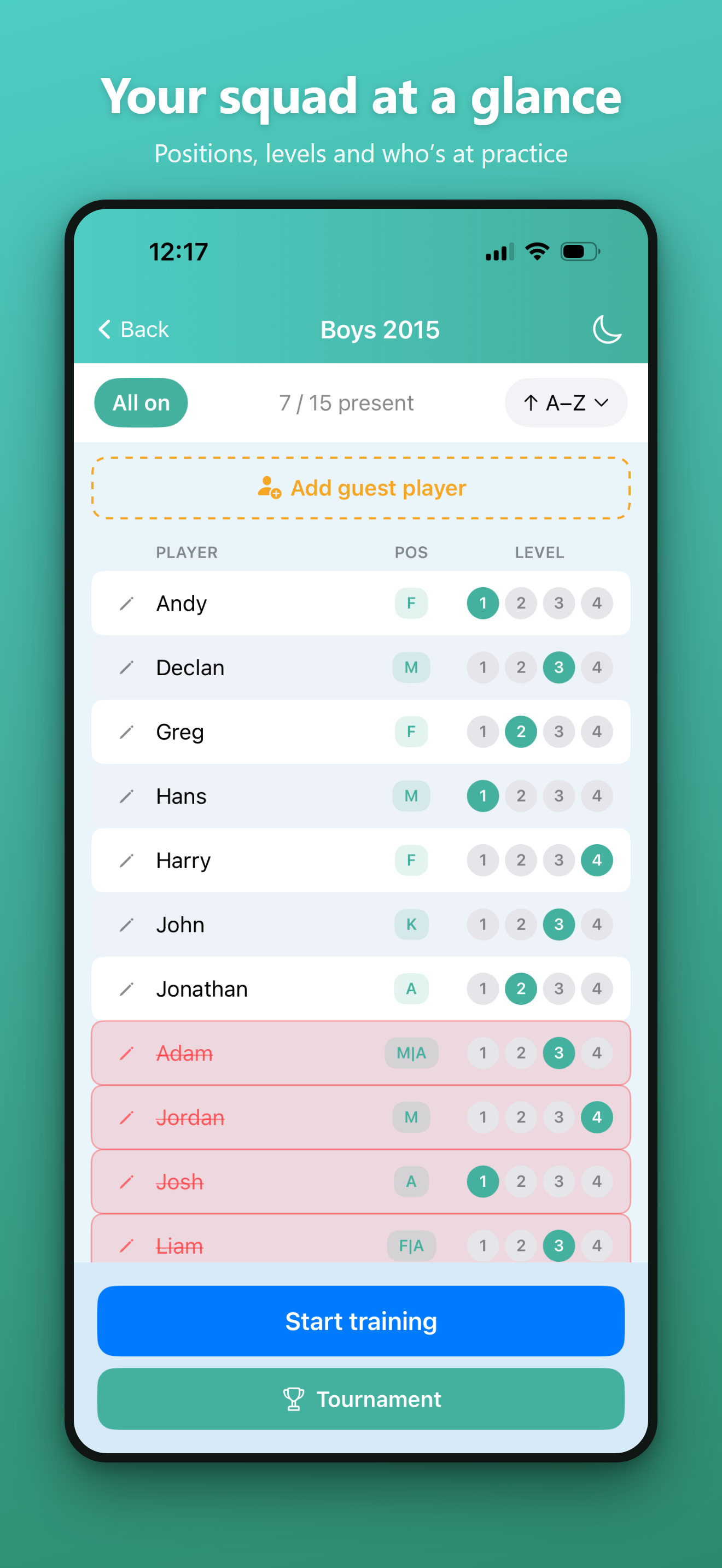 Squad list screen showing players with positions, skill levels and attendance