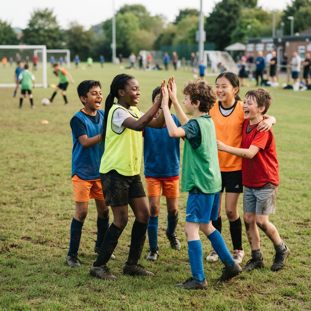 Youth football players celebrating together on the pitch
